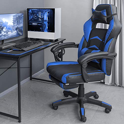 OKVAC Racing Style PC Video Gaming Chair, Home Office High-Back Ergonomic Backrest Executive Seat, Height & Backrest Adjustment, E-Sports Recliner Swivel with Headrest Lumbar Pillow Footrest (Blue)