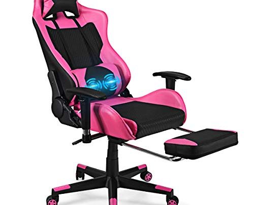 POWERSTONE Massage Gaming Chair with Footrest – Office Computer Game Racing E-Sports Chair Ergonomic Lumbar Massage Pillow Footrest Headrest High-Back Leather Recliner Rolling Swivel Chair， Pink
