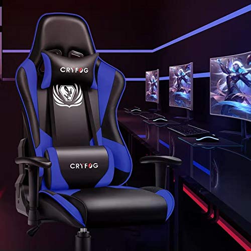 CRYfog Gaming Chair, PC Gaming Computer Chair Office Gamer Chair with Lumbar Support Black White Ergonomic Backrest and Seat Height Adjustment Swivel Chair (Blue)