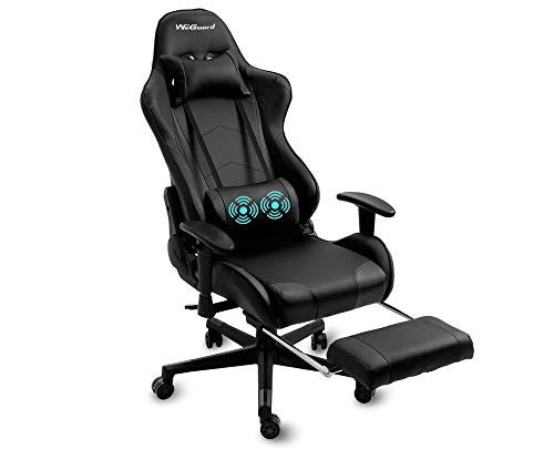 WeGuard Massage Gaming Chair Racing Office Computer Game Chair Swivel Ergonomic Executive PU Leather Chair with Adjustable Headrest and Lumbar and Support Retractable Footrest (Black)