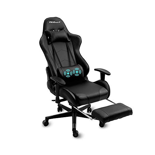 WeGuard Massage Gaming Chair Racing Office Computer Game Chair Swivel Ergonomic Executive PU Leather Chair with Adjustable Headrest and Lumbar and Support Retractable Footrest (Black)