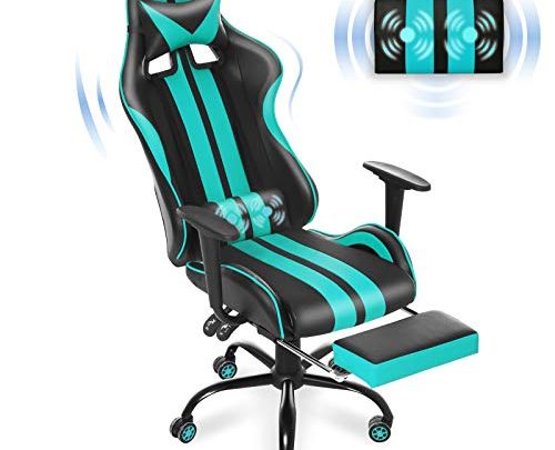 Massage Racing Style PC Computer Chair,Computer Gaming Chair, E-Sports Chair,Ergonomic Office Chair with Height Adjustment,Retractable Footrest,Headrest and Lumbar Support(Aqua Blue)