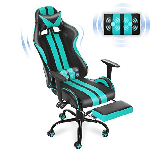 Massage Racing Style PC Computer Chair,Computer Gaming Chair, E-Sports Chair,Ergonomic Office Chair with Height Adjustment,Retractable Footrest,Headrest and Lumbar Support(Aqua Blue)