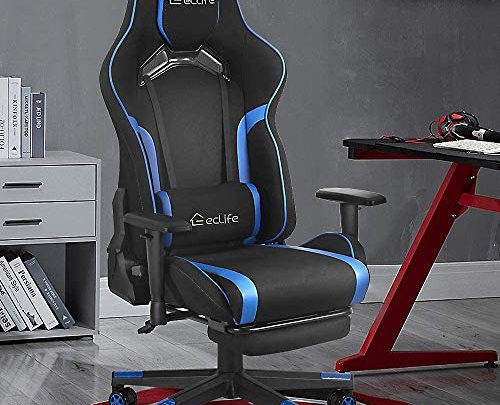 Video Gaming Chair Racing Recliner – Ergonomic Adjustable Padded Armrest Swivel High Back Footrest Headrest Lumbar Support Pillow Leather Bucket Office Computer for PS5 Vibrate Black Fabric