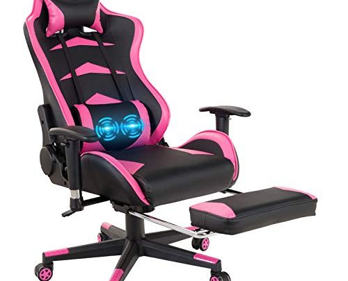 POWERSTONE Massage Gaming Chair with Footrest – Ergonomic Office Computer Game Racing E-Sports Chair Lumbar Massage Pillow Footrest Headrest High-Back Leather Recliner Rolling Swivel Chair， Pink