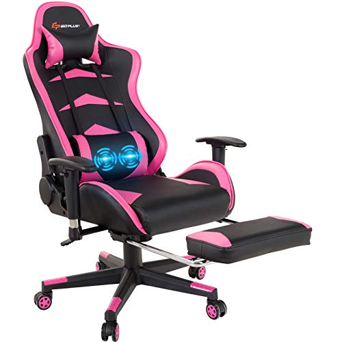 POWERSTONE Massage Gaming Chair with Footrest – Ergonomic Office Computer Game Racing E-Sports Chair Lumbar Massage Pillow Footrest Headrest High-Back Leather Recliner Rolling Swivel Chair, Pink