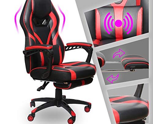 Video Gaming Chair Racing Recliner – Ergonomic Adjustable Padded Armrest Swivel High Back Footrest Headrest Lumbar Support Pillow Leather Bucket Office Computer for PS5 Vibrate Massage RED