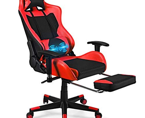 POWERSTONE Massage Gaming Chair with Footrest – Office Computer Game Racing E-Sports Chair Ergonomic Lumbar Massage Pillow Footrest Headrest High-Back Leather Recliner Rolling Swivel Chair， Red