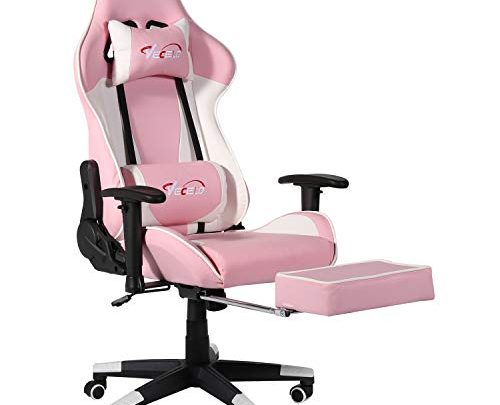 VECELO Gaming High Back Computer Racing Ergonomic Adjustable Executive Swivel PC Chair with Headrest,Massager Lumbar Support,Retractible Footrest,Pink