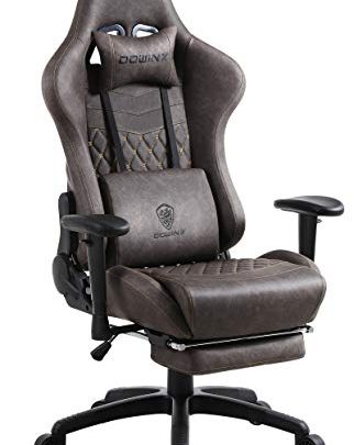Dowinx Gaming Chair Ergonomic Retro Style Recliner with Massage Lumbar Support Office Armchair for Computer PU Leather with Retractable Footrest Brown