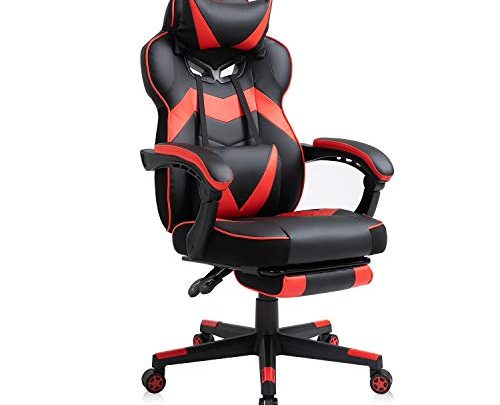 AJS Gaming Chair, Video Game Chair Ergonomic Task Racing Chair Adjustable Swivel PU Leather Office Chair, with Lumbar Support, Headrest, Padded Armrest and Retractable Footrest (RED)