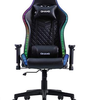OHAHO Gaming Chair RGB Lighting High Back Computer Chair PU Leather Desk Chair PC Racing LED Ergonomic Adjustable Swivel Task Chair with Headrest and Lumbar Support (Black)