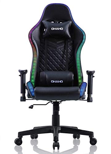 OHAHO Gaming Chair RGB Lighting High Back Computer Chair PU Leather Desk Chair PC Racing LED Ergonomic Adjustable Swivel Task Chair with Headrest and Lumbar Support (Black)