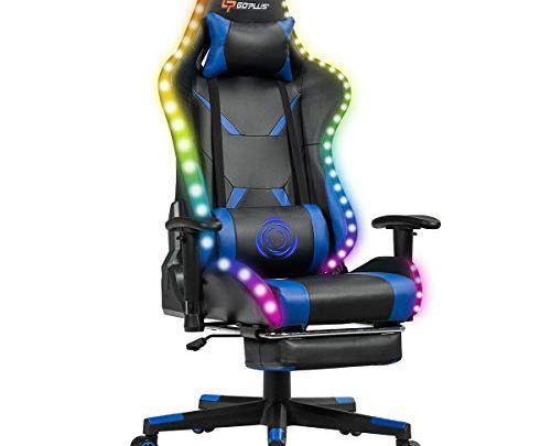 Goplus Massage Gaming Chair with RGB Light, Reclining Backrest Handrails and Seat Height Adjustment Racing Computer Office Chair with Footrest, Ergonomic High Back PU Swivel Game Chair