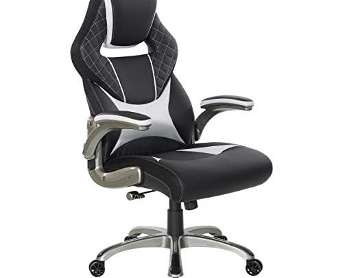 OSP Designs Oversite Ergonomic Adjustable High Back Gaming Chair, Black Faux Leather with White Accents