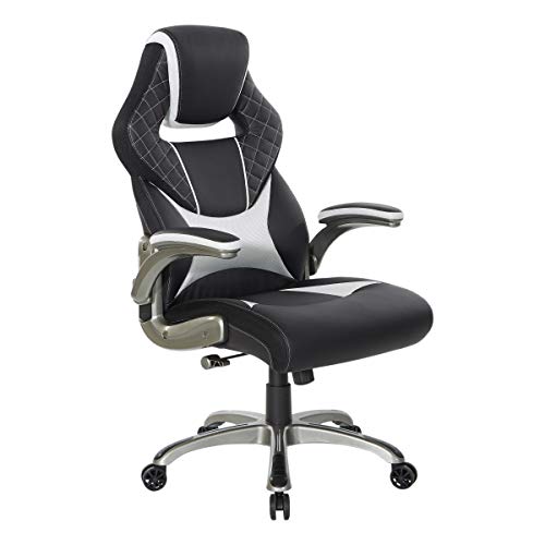 OSP Designs Oversite Ergonomic Adjustable High Back Gaming Chair, Black Faux Leather with White Accents