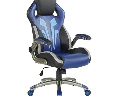 OSP Designs Ice Knight Ergonomic Adjustable High Back Gaming Chair, Black Faux Leather with Blue Accents