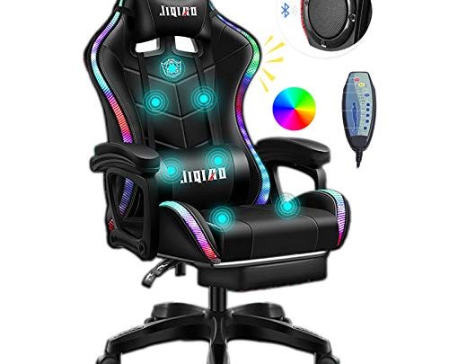 ERSHY Gaming Chair LED Lights Racing Computer Chair Ergonomic Office Massage Chair with Massager Lumbar Support and Retractible Footrest Adjustment of Backrest,