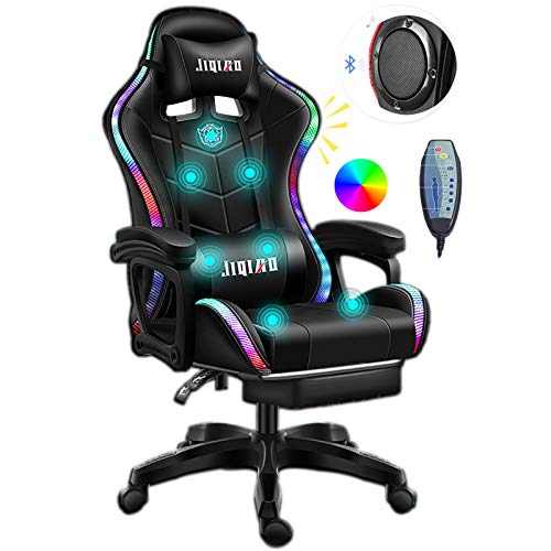 ERSHY Gaming Chair LED Lights Racing Computer Chair Ergonomic Office Massage Chair with Massager Lumbar Support and Retractible Footrest Adjustment of Backrest,