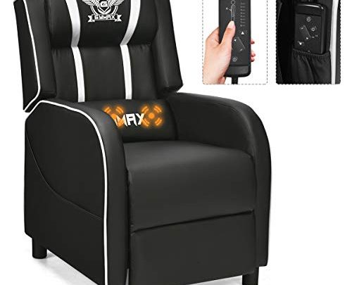 GYMAX Massage Gaming Recliner Chair, Adjustable Racing Style Single Lounge Sofa with Footrest and Massage Function Modern Living Room Recliner PU Leather Home Theater Seating (White)