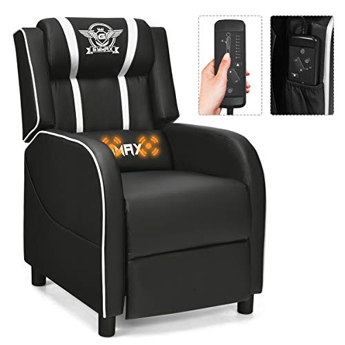 GYMAX Massage Gaming Recliner Chair, Adjustable Racing Style Single Lounge Sofa with Footrest and Massage Function Modern Living Room Recliner PU Leather Home Theater Seating (White)