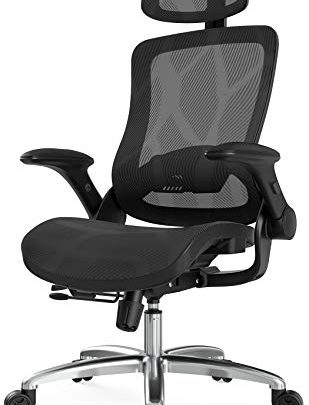 Hbada Ergonomic Office Chair, High-Back Executive Mesh Desk Chair, Height Adjustable Chair with Flip-Up Padded Armrest, Breathable Computer Chair with Adjustable Headrest and Lumbar Support,