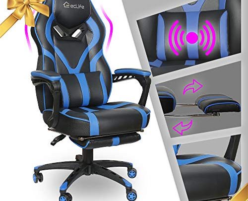 Video Gaming Chair Racing Recliner – Ergonomic Adjustable Padded Armrest Swivel High Back Footrest Headrest Lumbar Support Pillow Leather Bucket Office Computer for PS5 Vibrate Massage Blue
