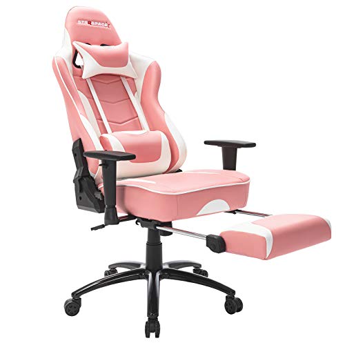 STARSPACE Ergonomic Computer Gaming Chair, Massage Lumbar Support Pullout Footrest Reclining Swivel Base High-Back Racing PC Office Desk Chair, Pink