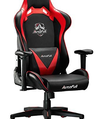 AutoFull Computer Gaming Chair – Adjustable Reclining High-Back PU Leather Swivel Game Chair with Headrest and Lumbar Support (PU, B-Red)