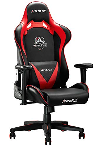 AutoFull Computer Gaming Chair – Adjustable Reclining High-Back PU Leather Swivel Game Chair with Headrest and Lumbar Support (PU, B-Red)