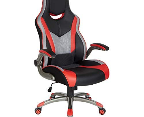 OSP Home Furnishings Uplink Ergonomic Adjustable High Back Gaming Chair, Black Faux Leather with Red Trim