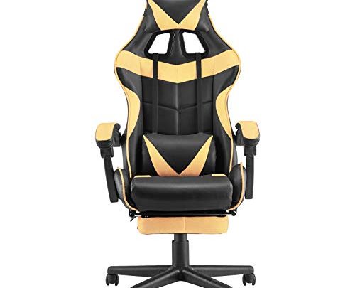 Soontrans PC Gaming Chair,Ergonomic Office Chair with Retractable Footrest,Adjustable Headrest and Lumbar Support,Racing Chair for Gaming,Video Gaming Chair,E-Sports Chair (Gold)
