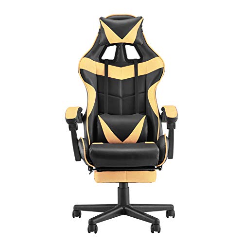 Soontrans PC Gaming Chair,Ergonomic Office Chair with Retractable Footrest,Adjustable Headrest and Lumbar Support,Racing Chair for Gaming,Video Gaming Chair,E-Sports Chair (Gold)