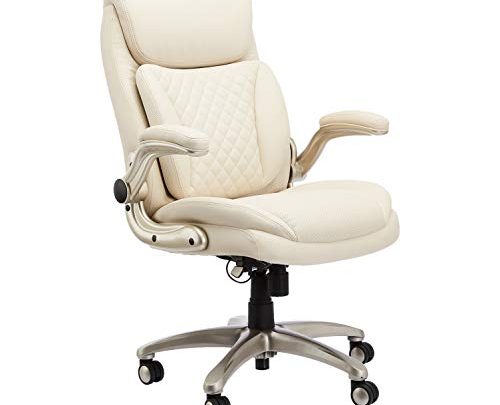 AmazonCommercial Ergonomic High-Back Rhombus-Stitched Leather Executive Chair, with Flip-up Armrests and Motive Lumbar Support, Cream/Ivory