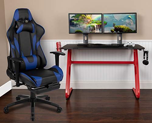 Flash Furniture Red Gaming Desk with Cup Holder/Headphone Hook & Blue Reclining Gaming Chair with Footrest