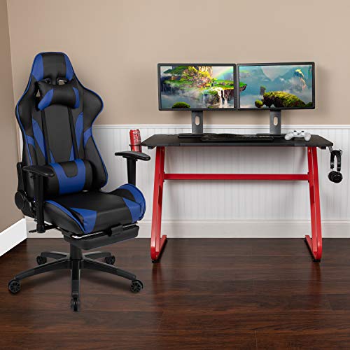 Flash Furniture Red Gaming Desk with Cup Holder/Headphone Hook & Blue Reclining Gaming Chair with Footrest