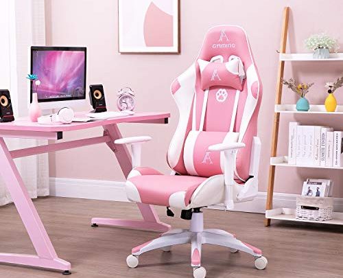 AJS Pink PU Leather Computer Gaming Chair for Women, High Back Ergonomic Swivel Recliner with Headrest and Lumbar Support, Racing…