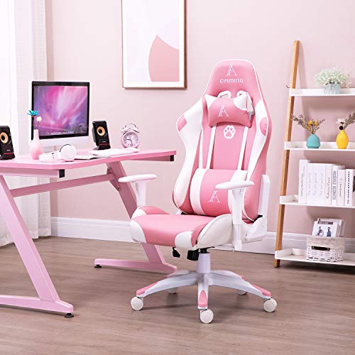 AJS Pink PU Leather Computer Gaming Chair for Women, High Back Ergonomic Swivel Recliner with Headrest and Lumbar Support, Racing…