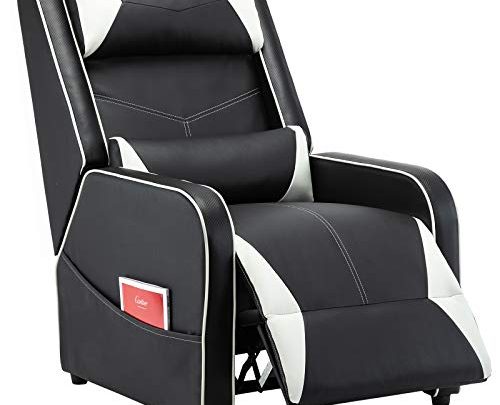 Gaming Recliner Chair Racing Style Single PU Leather Sofa Comfortable Living Room Recliners Ergonomic Adjustable Home Theater Seating – Black/White
