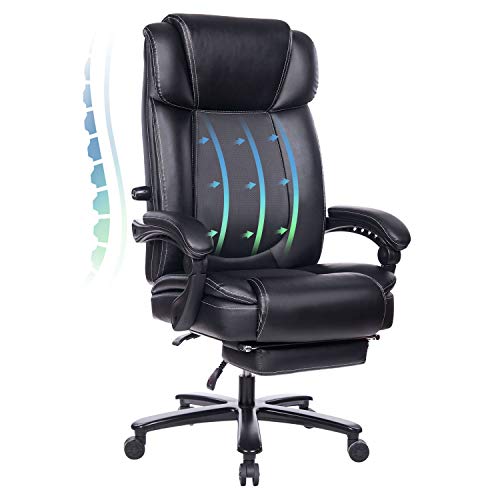 REFICCER Big and Tall Executive Office Chair 400 Lbs, High Back Rocking PU Leather Office Chair with Footrest – Reclining…