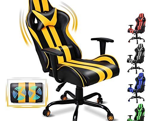FERGHANA Video Gaming Chair,Racing Style Computer Chair,High Back Office Chair with Seat Height Adjustment,160°Recliner,Massage Lumbar Pillow and Headrest(Racing Yellow)