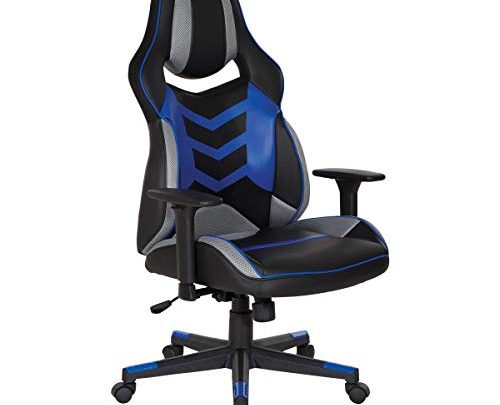 OSP Home Furnishings Eliminator Ergonomic Adjustable High Back Gaming Chair, Black Faux Leather with Blue Accents