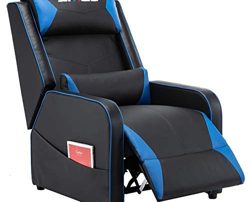 Gaming Recliner Chair Racing Style Single PU Leather Sofa Comfortable Living Room Recliners Ergonomic Adjustable Home Theater Seating – Black/Blue