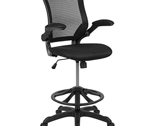 Flash Furniture Mid-Back Black Mesh Ergonomic Drafting Chair with Adjustable Foot Ring and Flip-Up Arms