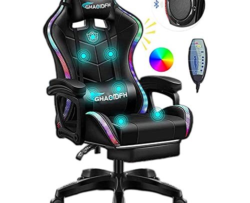 GHAOIDFH Video Gaming Chairs LED Lights, Ergonomic Office Chair, Computer Chair with Retractible Footrest Adjustment of Backrest, Full Massager Lumbar…