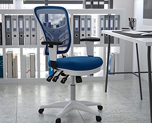 Flash Furniture Mid-Back Blue Mesh Multifunction Executive Swivel Ergonomic Office Chair with Adjustable Arms and White Frame