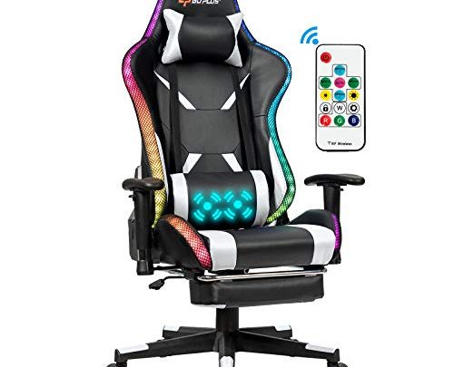 POWERSTONE RGB Gaming Chair, Ergonomic High Back E-Sports Gaming Chair with Footrest Massage Lumbar Adjustable Armrest Height Swivel Racing Chair…