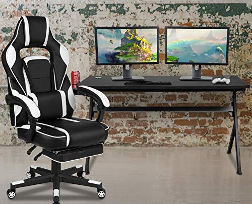 Flash Furniture Gaming Desk with Cup Holder/Headphone Hook/Removable-Mousepad Top & White Reclining Back/Arms Gaming Chair with Footrest