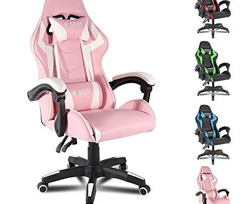 Pink and White Computer Gaming Chair for Girl Teens, Seat Height Adjustable and Lumbar & Head Support