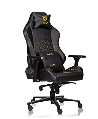Luxe Ultra Max Gaming Chair and Desk Chair- Black Body with Black Side seat Panels and Gold Stitching